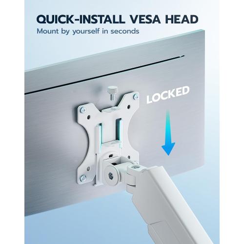 ARES WING Heavy Duty Single Monitor Arm - Fully Adjustable Monitor Mount for 17-40 Ultrawide Screens up to 26.4 lbs with Clamp/Grommet Desk Mount, 75/100 Vesa Mount, White