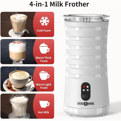 Milk Frother, Paris Rhône 4-in-1 Milk Steamer and Frother, Hot & Cold Foam Milk Warmer with Temperature Control, Auto Shut-Off Frothers for Coffee, Latte, Cappuccino, Macchiato
