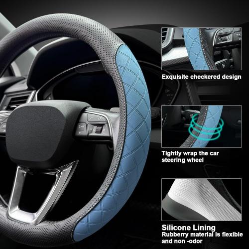 LKWLIKEI Nappa Leather Steering Wheel Cover,Elegant Diamond Checkered Design, Non-Slip wear-Resistant, Enhance Driving Comfort, Suitable for Steering Wheel Diameter 14 1/2‘-15’ Models.Black Blue