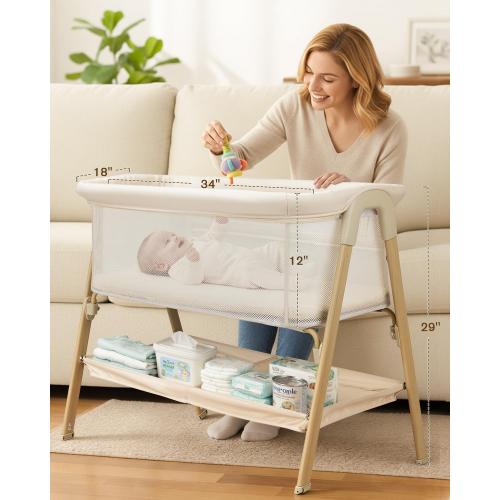 Baby Bassinet, Bedside Bassinet for Baby, Bassinet Bedside Sleeper with Mattress, Storage Basket and 4 Auto-Lock Wheels, Full-Mesh Sides, Bedside Mini Crib for Newborn (Beige)