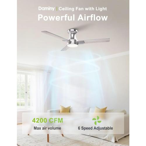 DAMINY 42 inch Ceiling Fans with Lights,3 Blades,6CCT, Low Profile Ceiling Fan with Light and Remote Control,Ceiling Fan for Bedroom, Kitchen,Indoor/Outdoor Use,Flush Mount-Nickel