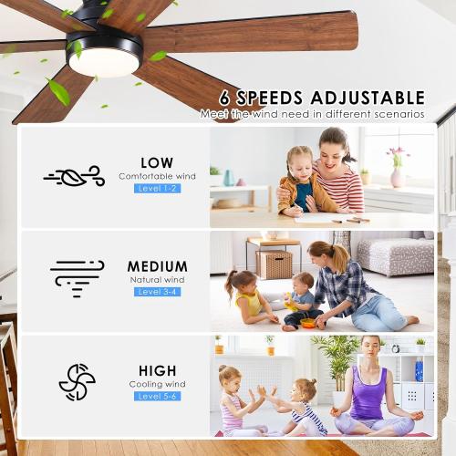 Asyko 46Brown 6-Blade Modern Low Profile Ceiling Fan with Light and Remote