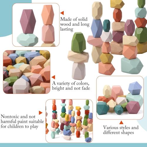 Jenaai 60 Pcs Stacking Rocks Montessori Colorful Wooden Balance Stones Easter Basket Stuffers Blocks Educational Sensory Learning Puzzle(Morandi Color)