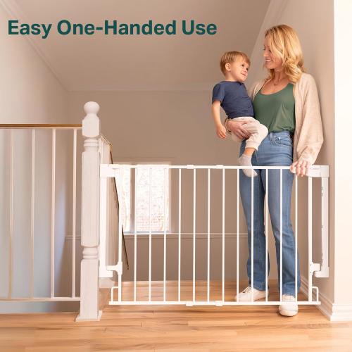 Cumbor 29.2–43 Baby Gate for Stairs, Wall-Mounted (Drill Required), Expandable No Bottom Bar Dog Gate, Auto Close Extra Wide Walk Thru, Pet & Toddler Proof Gate, Top & Bottom of Stairways (White)
