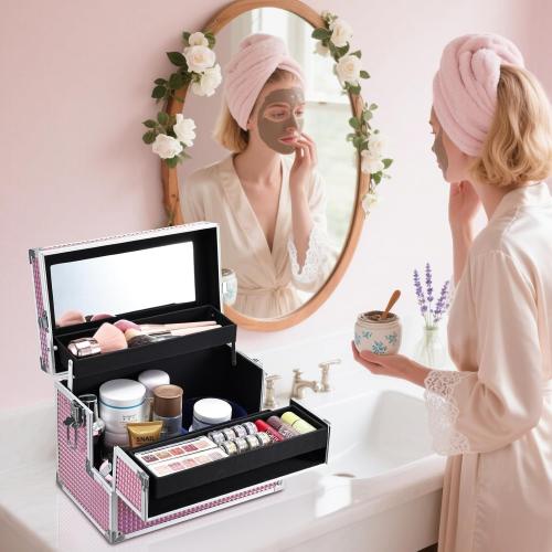 Joligrace Large Makeup Box Organizer, 12 Inch Makeup Train Case with Mirror, Cosmetic Travel Case with 3 Trays, Lockable Train Case for Makeup Artists & Nail Tech Supplies Pink