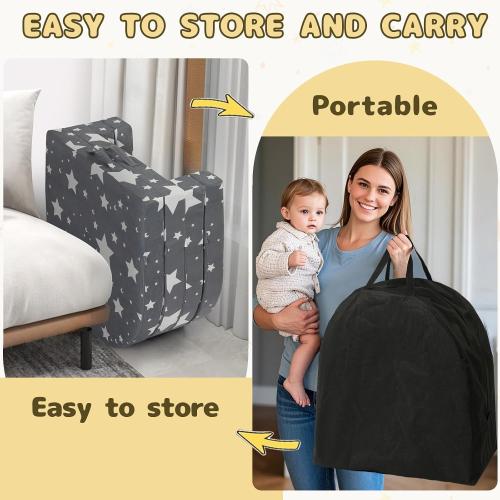 Color Grey and stars Travel Toddler Bed, 3-in-1 Portable Foldable Toddler Chair,Soft Foam Floor Bed Lounger with Washable Cover,Star