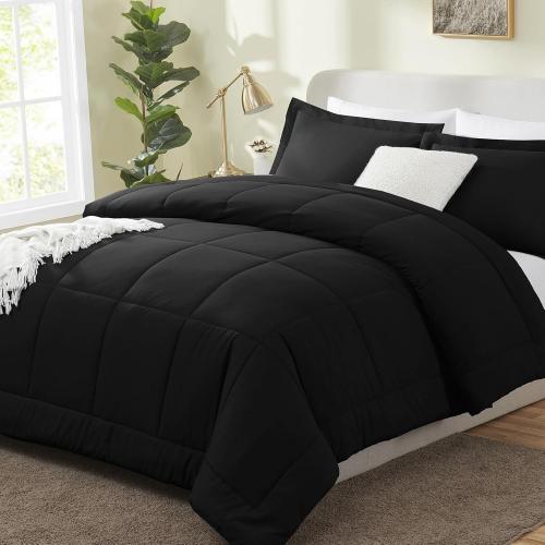 CozyLux Queen Size Comforter Sets - Black Comforter Queen Size, 3 Pieces Box Stitched Soft Lightweight Bed Set, All Season Bedding Sets with 1 Down Alternative Comforter and 2 Pillow Shams