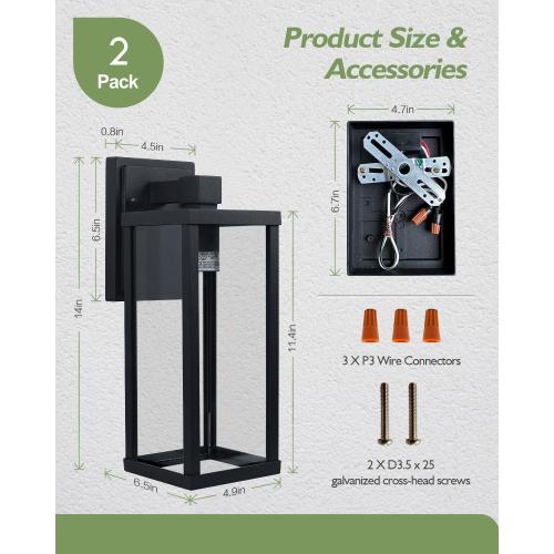 LITFIT 14'' Outdoor Light Fixtures Wall Mount, Matte Black Aluminum Wall Lantern, Hardwired Outside Sconce Lights for House, Front Door, Porch, Garage, 2-Pack, Bulbs Not Included