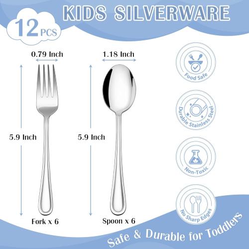 E-far 12-Piece Toddler Silverware, Stainless Steel Kids Utensils Forks and Spoons, Children Safe Metal Cutlery Set for Self Feeding, Mirror Polished & Dishwasher Safe, 6 Forks & 6 Spoons