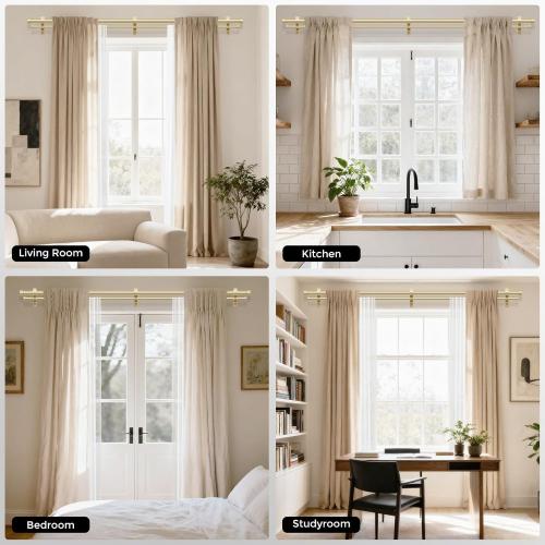 Gold Double Curtain Rod, Dual Curtain Rods with Aluminium Modern End Cap Finials Adjustable Heavy Duty Window Treatment Rods, Telescopic Metal Double Drapery Pole Set