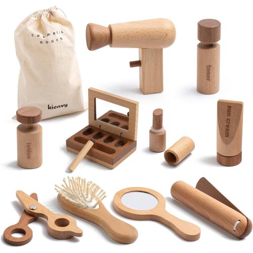 11-Piece Wooden Makeup Toy Set for Girls, Pretend Play Makeup Kit for Toddlers & Kids with Mirror, Lipstick, Hair Straightener & Storage Bag, Christmas Birthday Present for Ages 3-6 Years Old