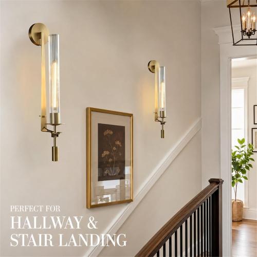 LIGHTLAND Gold Wall Sconces Set of 2, 28 Inch Modern Metal Glass Wall Light Fixture, Wall Lamp for Living Room Bedroom Hallway