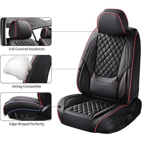BLACK AND RED Car Seat Covers Full Set, Luxury Faux Leather Car Seat Covers Waterproof Non-Slip Seat Protector Universal Fit for Most Cars SUVs Trucks Pick-ups,Black Red Car Accessories Interior