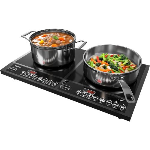 Sunvivi Portable Induction Cooktop: 2 Burners in 1, Commercial-Grade Electric Countertop Stove with LED Touchscreen, 8 Power Levels & Precise Temp Control (176°F-518°F), Independent Timer, Black