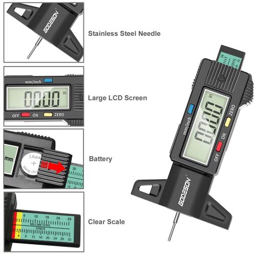 GODESON Tire Tread Depth Gauge,Digital Tire Tread Depth Gauge in 1Inch/25.4mm with Color-Coded Bar, Easy Read Tire Depth Gauge for Cars, Trucks, Motorcycles