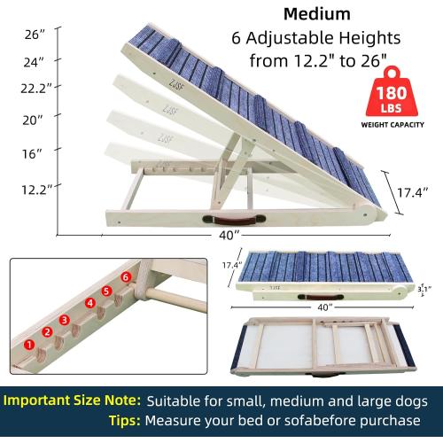 ZJSF Foldable Dog Ramp for High Bed, Wooden Dog Stairs to Bed for Small and Large Dogs, High Traction Platform with 6 Adjustable Heights (12.2-26), 40 L, Supports up to 180 lbs
