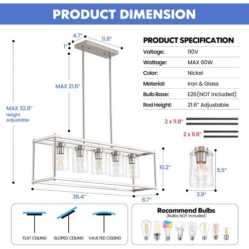Farmhouse Chandeliers for Kitchen Island, Modern 5-Light Rectangle Chandelier, Brushed Nickel Linear Pendant Lighting Fixture with Clear Glass Shade, L35.4 Inch