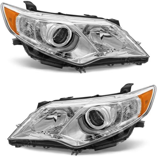 Headlight Assembly Compatible 12 13 14 Toyota Camry L/Se/Le/Xle/Hybrid for 2012-2014 Camry Headlamp Replacement with Chrome Housing Driver and Passenger Sides（W/O Bulbs）