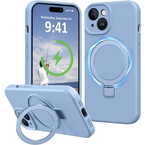 Light Blue Compatible with iPhone 15 Case with Stand, Premium Slim Liquid Silicone Phone Cases for iPhone 15 6.1 Compatible with MagSafe Magnetic Ring Kickstand Case Full Camera Protection, Light Blue