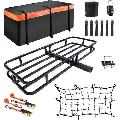 MeeFar Hitch Mount Cargo Carrier Basket 53 x19 x 5 Waterproof Cargo Bag (51 x17x 18), Hauling Weight Capacity of 500 Lbs fit on 2 Inch Receiver with Hitch Stabilizer,Net and Straps