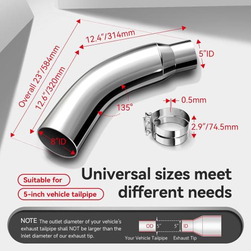 Exhaust Tip, 5 Inch Diesel Exhaust Tip Elbow Tip with a Clamp, 5'' Inlet 8'' Outlet Chrome Exhaust Tip for Pickups, Trucks and Cars