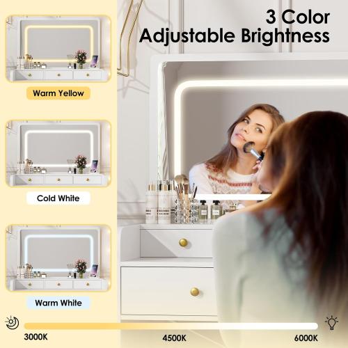 Makeup Vanity Desk Set with LED Lighted Mirror Glass Top Dressing Table & Stool, 5 Storage Drawers, Power Outlet, Hair Rack Stepless Dimmable Lights (3 Color Modes), White (the mirror is broken; see the picture) (NO TEST)