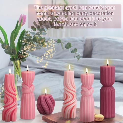 Threlaco 6 Pcs Pink Pillar Candles Decorative Modern Aesthetic Ribbed Candle Set Cute Soy Wax Scented Ribbed Decor Valentine's Commemorative Gift for Home Decoration(2.36-6.69 Inch)