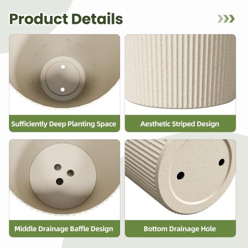 Tall Planters for Outdoor Plants Set of 2 - Fluted Large Outdoor Planters for Front Porch Decor with Drainage Hole, Plastic Round Flower Pots Fits Indoor Plants Patio/Garden, Beige