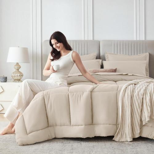 7pc Beige Queen Sasttie Comforter Set, Beige 7 Pieces Bed in a Bag Queen, Complete Bedding Set Includes Comforter, Flat Sheet, Fitted Sheet, Pillowcases and Pillow Shams, Beige