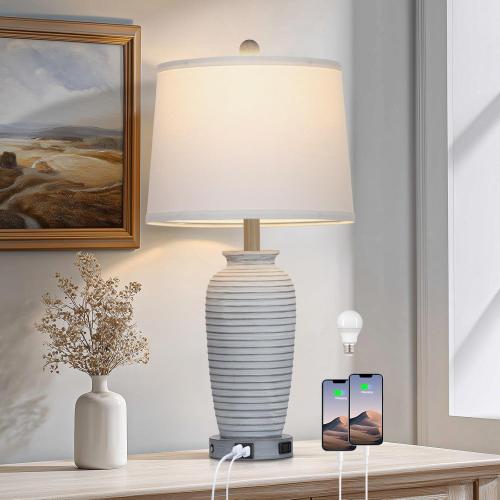CINSARY 25 Vintage Farmhouse Jar Table Lamps, Single Rustic Bedside Lamp with USB A C Ports & AC Outlet, Nightstand Lamps for Living Room, Bedroom, End Table, Grey White(LED Bulb Included)