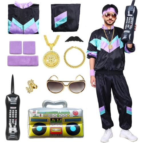 80s Tracksuit Outfit for Men Women, 90s Retro Hip Hop Costumes Windbreaker Kit Shell Suit Halloween Party Dress