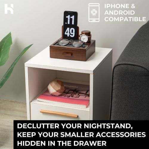 Holme & Hadfield Premium Wooden Phone Docking Station with Drawer – Nightstand Organizer for Charging Phone – Declutter Your Space with Felt-Lined Protection & Watch Pillar - Gift For Men‼️COLOR:BLACK (missing 1 cable gripper) ‼️