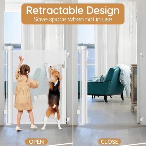 42 Inch Extra Tall Baby Gate 0-39 Wide Narrow Pet Gate Tall Retractable Baby Gates for Dogs Mesh Dog Gates Indoor Pet Gate for Stairs Doorways Hallways, White