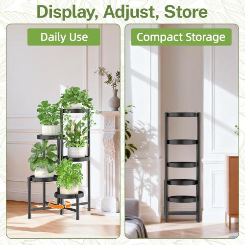 iDavosic.ly Plant Stand Indoor Outdoor, 5 Tier Corner Metal Flower Display Holder Shelf, Easy Assembly Folding Tall Orchid Rack for Patio Balcony Porch Garden Living Room House, Black