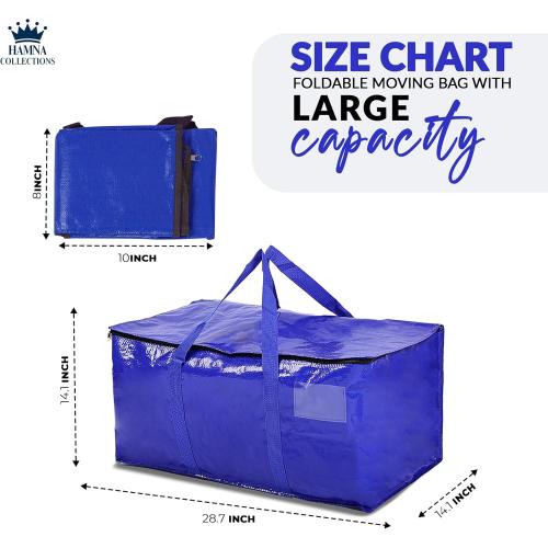 Hamna Collection Heavy Duty 6 Extra Large Blue Moving Bags With Handles, Zippers & Laundry Bag, Waterproof Storage Totes, Alternative to Box and Bin
