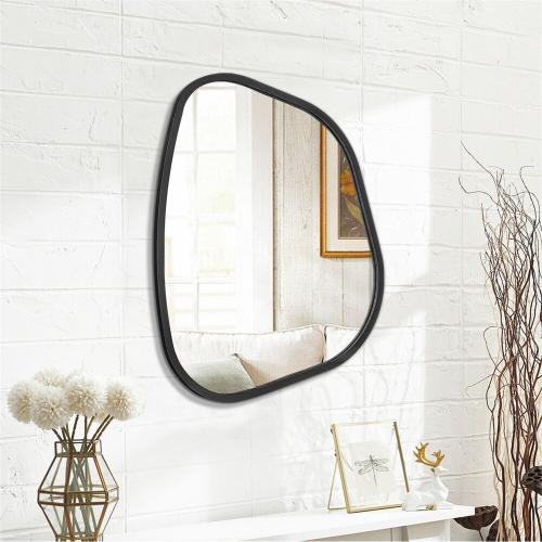 Black Asymmetrical Wall Mirror Large 20x16 Irregular Oval Mirror Modern Wood Frame Unique Shape Wall Mounted Vanity Artistic Mirrors Decorative for Living Room Bedroom Bathroom Hallway