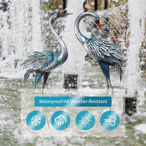 Outdoor Crane Garden Statues, Blue Heron Garden Statues | Large Metal Cranes for Yard, Lawn, Patio, Pond, Set of 2
