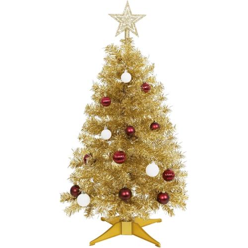SUNSHINE DECOR Champagne Christmas Tree with Light 3ft Artifical Full Christmas Tree with Ball & Star Ornaments 8 Lighting Modes for Holiday Decor
