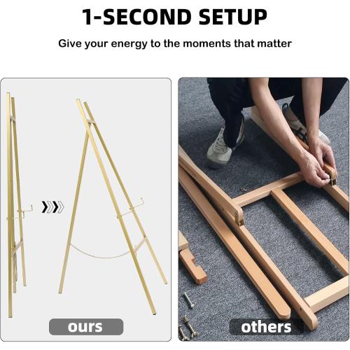 GRENTY Gold Easel Stand for Wedding Signs – No Assembly Needed, Heavy Duty Metal Display Stand for Art, Welcome Signs, Posters, Pictures, Paintings, and Floor Décor
