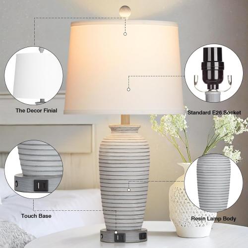 CINSARY 25 Farmhouse Jar Table Lamps Set of 2, 3 Way Touch Control Rustic Bedside Lamps with USB A C Ports & AC Outlet, Pot Nightstand Lamps for Bedroom Living Room (LED Bulbs Included)