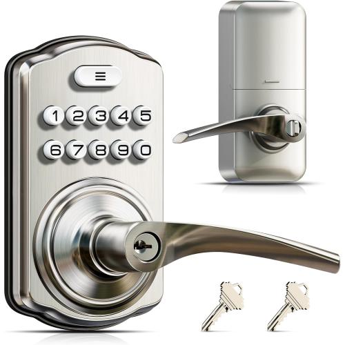 Veise Keypad Door Lock with Handle, Keyless Entry for Front Door & Bedroom, Electronic Lock with Code, Auto-Locking, Easy Installation, Passage Mode, Satin Nickel
