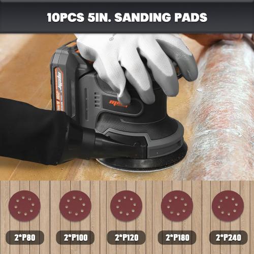 Black and Grey 5 Mellif 5 Inch Random Orbital Sander Compatible with Dewalt 20v Max Battery, Cordless Brushless Palm Orbit Sander, Dust Bag, 6 Speeds, 12000 OPM, 2.0 Battery & Charger Kits, 10PCS Sandpaper Sheets