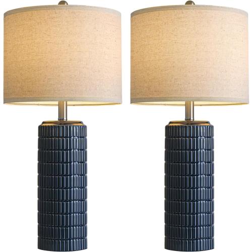 PoKat 27.5'' Tall Table Lamps for Living Room Set of 2, Ceramic Bedroom Lamps for Night Stands, Modern Bedside Lamps for Bedroom Living Room, Nightstand Lamps for Side End Table Hallway, Blue