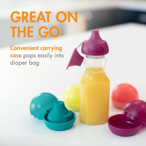 Boon Snug Sip Universal Water and Juice Silicone Bottle Toppers - Soft Spout Conversion Caps with Spill Proof Valves - Silicone Bottle Covers for Travel - Includes 4 Toppers and 4 Cases