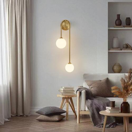 Golden Wall lamp Double Ball, mid-Century Modern Glass Wall sconces,with G9 Tricolor Bulb for Living Room Bedroom Bedside Stairs Restaurant Bathroom Corridor Aisle Lighting