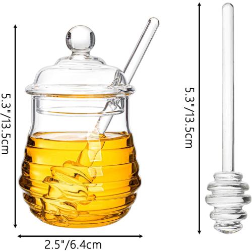 Lawei Glass Honey Jar with Dipper and Lid, 10 OZ Heat-Resistant Bee Hives Honey Pot, Clear Glass Honey Container for Store Honey and Syrup, Home and Kitchen, Easy to Clean, Dishwasher Safe
