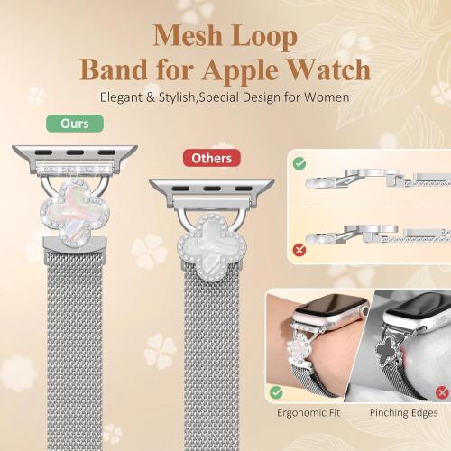 Slim Metal Band Compatible with Apple Watch Bands for Women 40mm 41mm 42mm 38mm 44mm 45mm 46mm,Thin Stainless Steel Mesh Magnetic Strap with Bling Charms for iWatch SE 3 Series 11/10/9/8/7/6/5/4/3/SE
