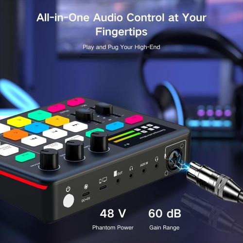 HOSONGIN Gaming Audio Mixer, Audio Interface with Pro-preamp, Voice Changer & DJ Mixer Effects, 48V Phantom Power, Bluetooth & RGB Live Sound Card for Streaming, Podcasting, Gaming