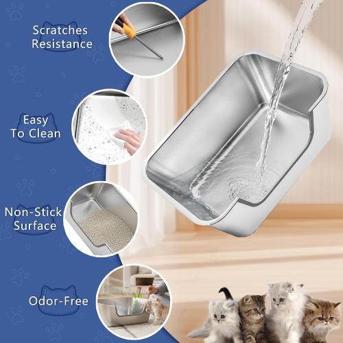 Stainless Steel Cat Litter Box with Low Entry,Litter Pan for Big Kitty and Multiple Cats,Easy to Clean,Non-Stick,Odor-Free,Suitable for Kittens,Senior Cats and Injured Pets,23.6x15.7x5.9