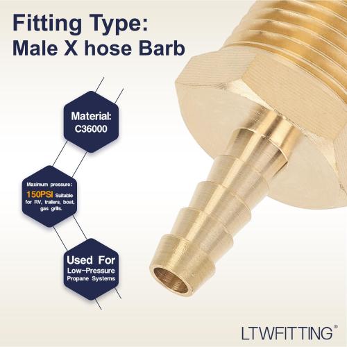 LTWFITTING Brass Barb Fitting Coupler/Connector 1/4-Inch Hose ID x 1/2-Inch Male NPT FuelVehicle Fuel System Heater System (Pack of 5)